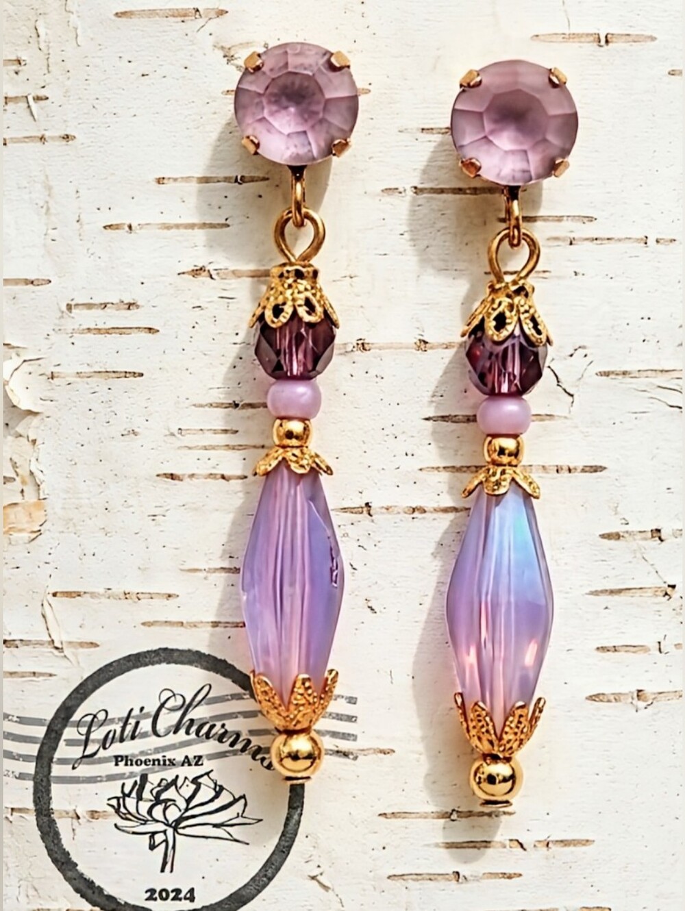 Victorian Lavender Opal Iridescent Glass & Swarovski Crystal In Gold  Earrings